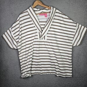 Woman Within White Tan Striped Sailor Collar Blouse Top